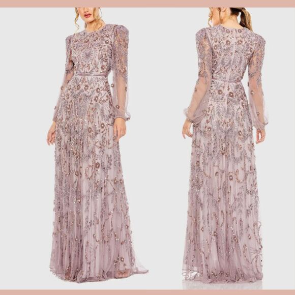 NEW MAC DUGGAL [‎ 12 ] 93930 Puff Sleeve Embellished A Line Gown Heather Purple - Picture 2 of 16